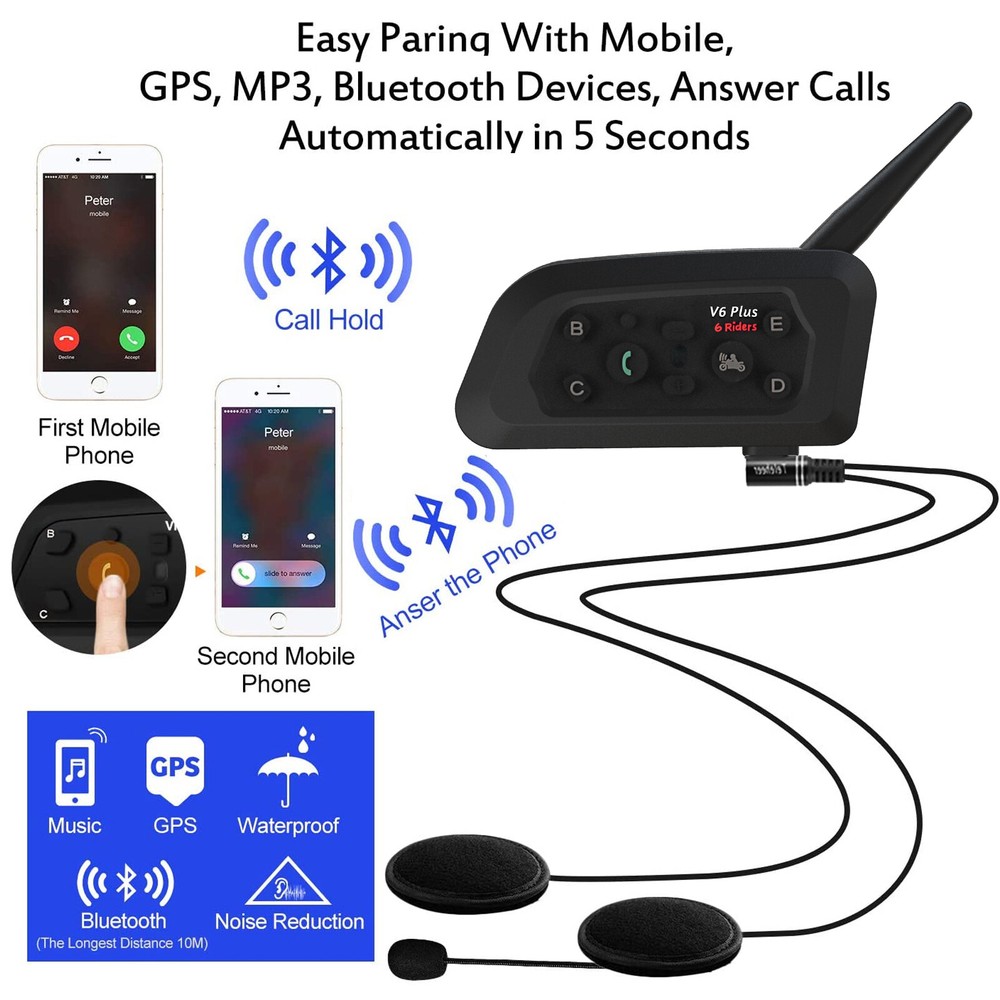 2x V6 Plus Bluetooth Motorcycle Intercom Helmet Headset 6 Riders 800m Interphone