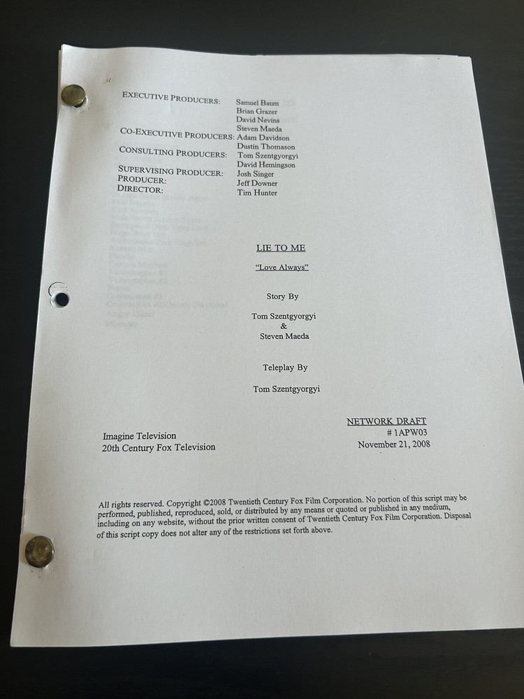 ORIGINAL NETWORK SCRIPT LIE TO ME LOVE ALWAYS TIM ROTH KELLI WILLIAMS  HINES