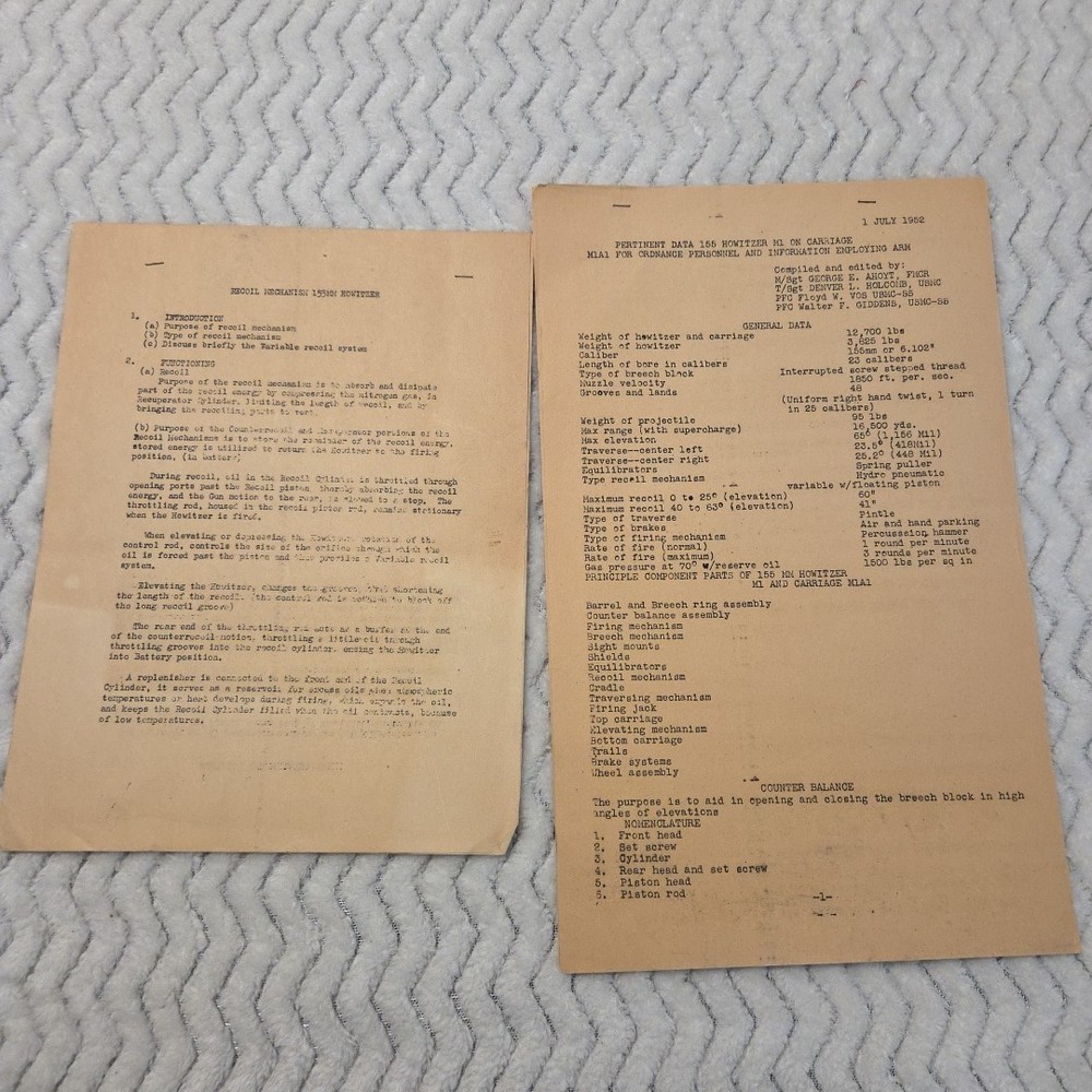 WW2 Navy Ship Document 155mm Howitzer Pertinent Data Sheet USMC