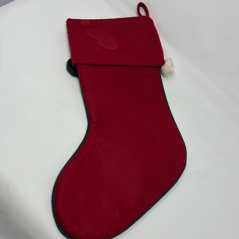Vintage Red Christmas Stocking Santa Applique Felt Pom Pom Trim Holiday Decor