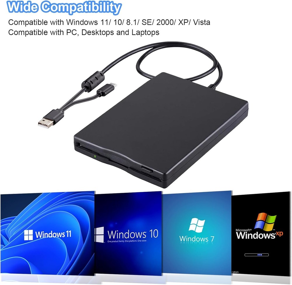 Floppy Disk Reader, 3.5 inch External USB & Type-C 1.44MB FDD Floppy Disk Drive