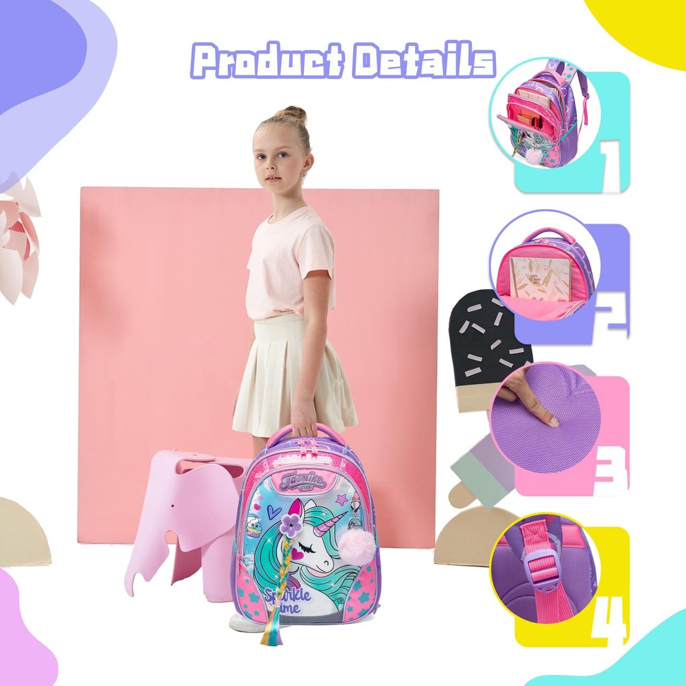 Girls School Backpack 16 Inch Sequin Bag Lunch Box Elementary Students