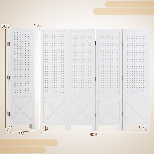 4-Panel Pegboard Display Stand Folding Room Divider with Solid Wood Frame-White