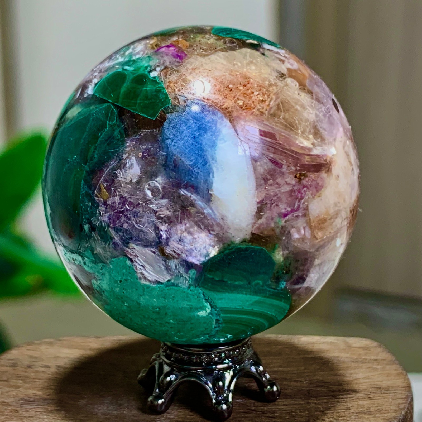 79G Newly discovered rare malachite purple mica symbiotic sphere restoration