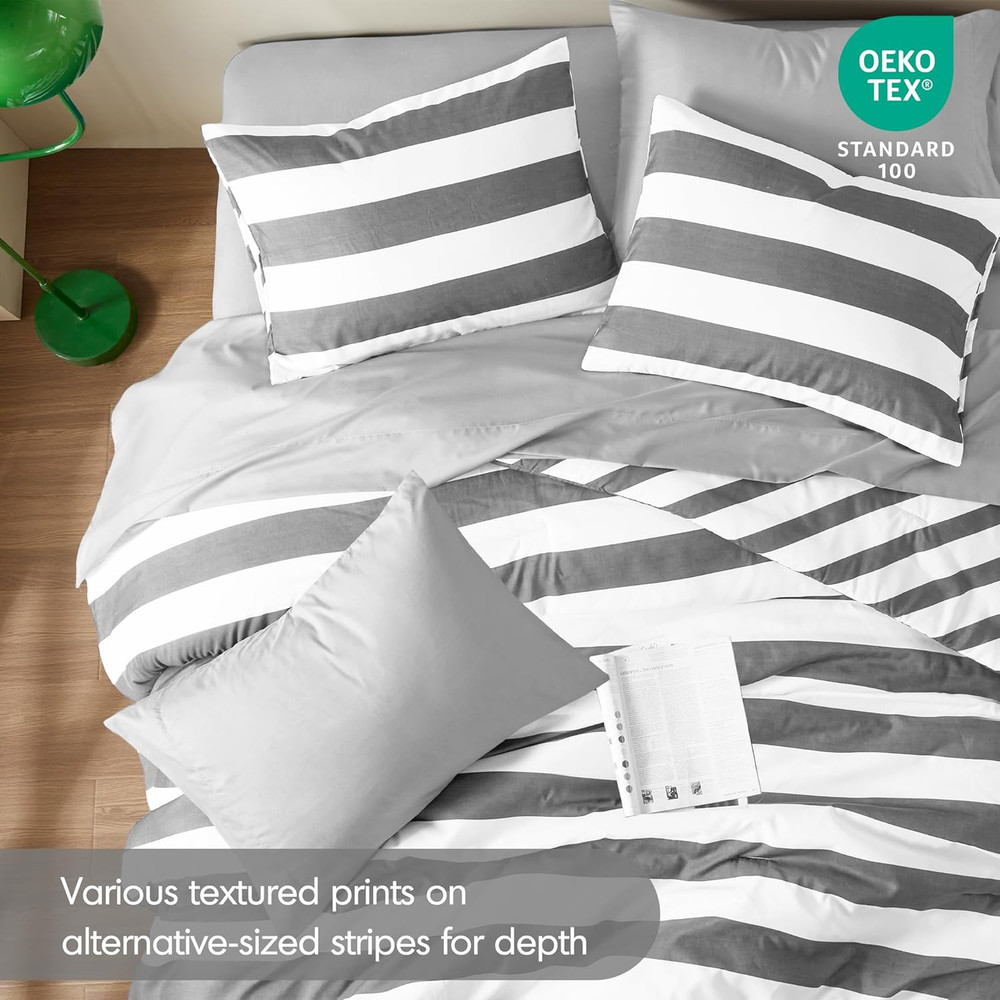 Reversible Striped Queen Comforter Set, Soft Microfiber Bedding Set with Double-