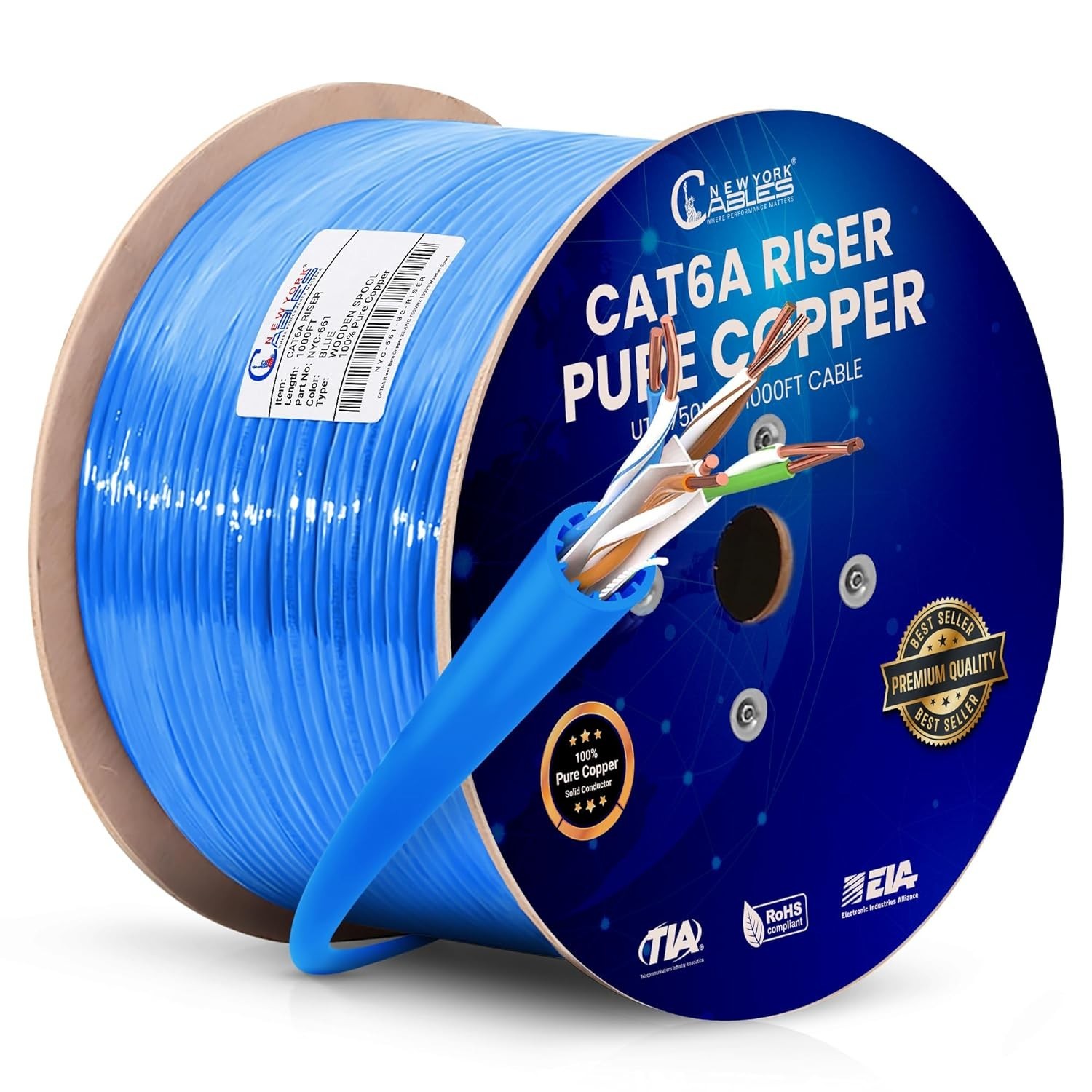 Cat6a Riser Cable 1000ft | 100% Solid Bare Copper | 750MHz, PoE++, 23AWG, UTP