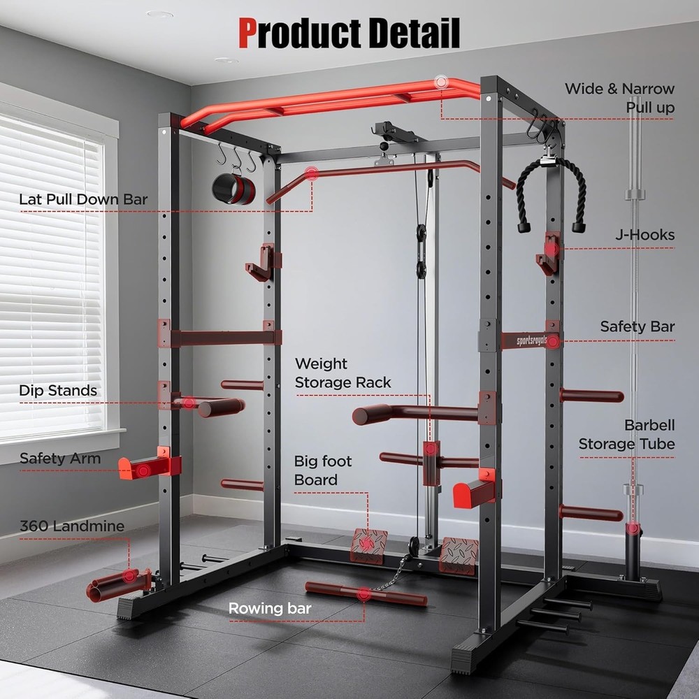 Squat Rack, LAT Power Cage, Power Rack Multi-Function with Pulley System and Tra