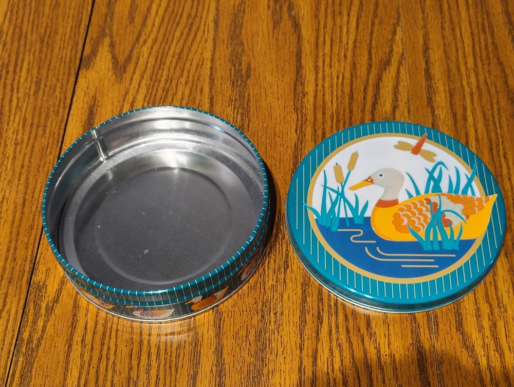 Empty Ducks Springwater Tin Canister Container Pond Scene Round