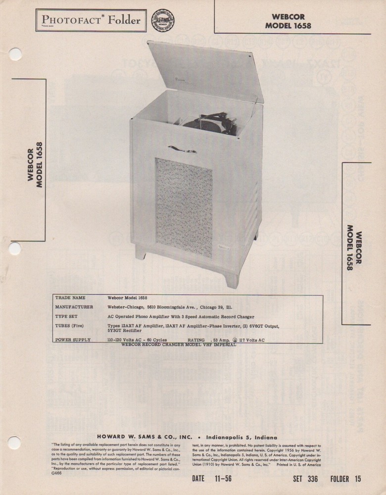 1956 WEBCOR 1658 console RECORD PLAYER phono SERVICE MANUAL photofact schematic 