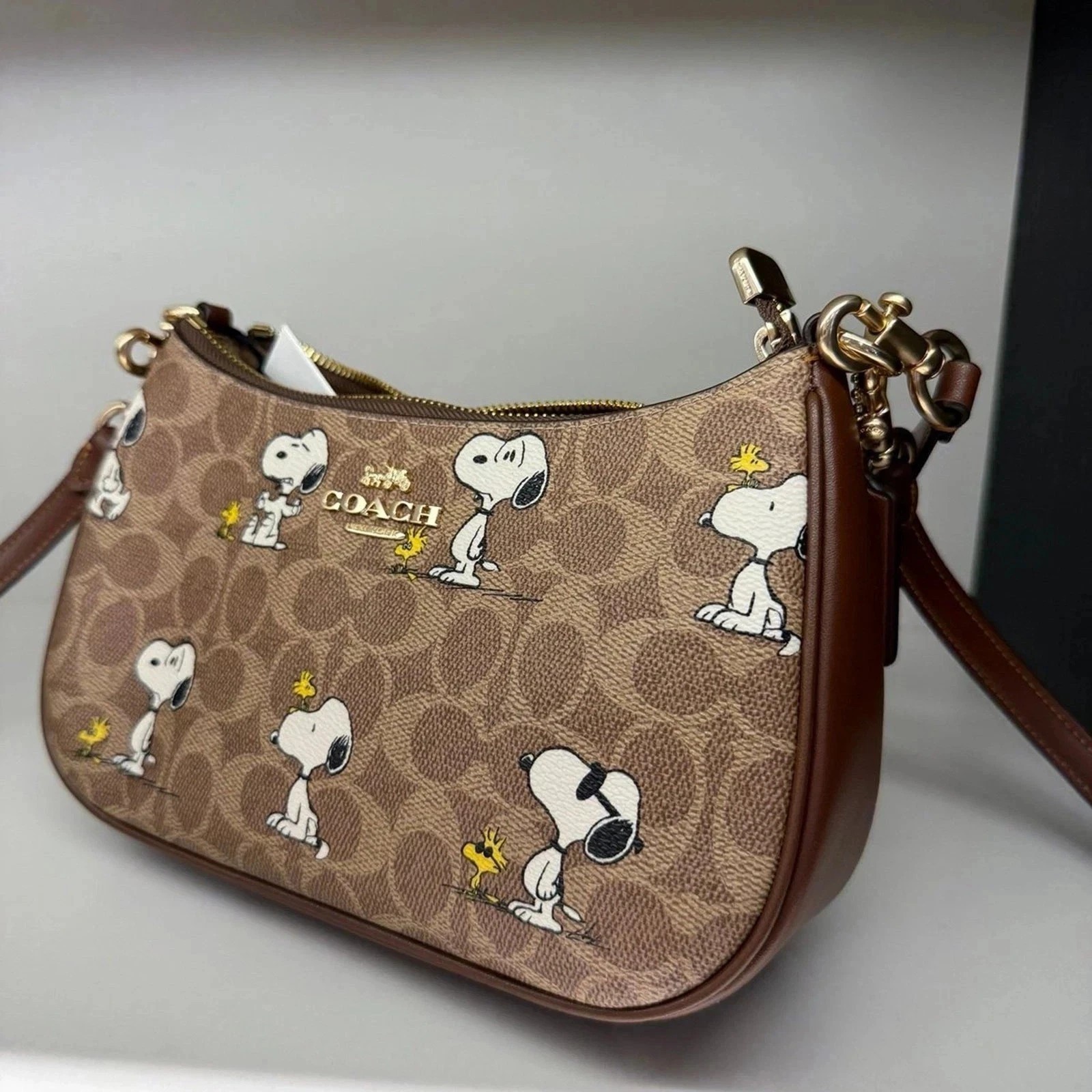 COACH x PEANUTS Teri Shoulder Bag Tan Brown Snoopy Print Signature Canvas CBJ88
