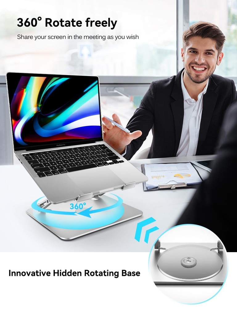 ivoler Adjustable Laptop Stand with 360° Rotating Base, Ergonomic Silver