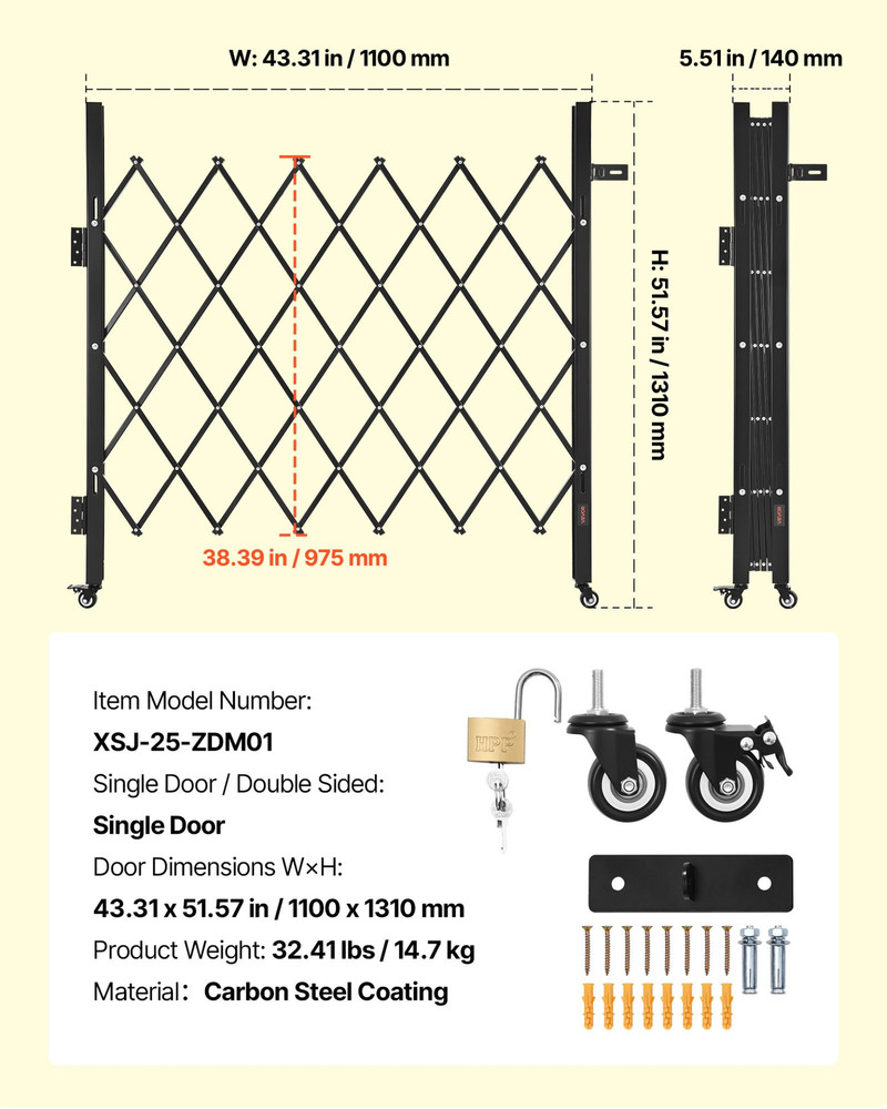 VEVOR Single Folding Security Gate Lockable, 43"W x 52"H w/ Wheels
