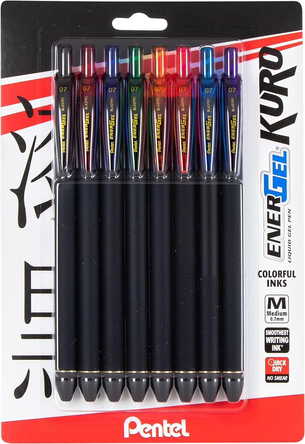 Pentel EnerGel Kuro Liquid Gel Pen, (0.7mm), Medium line, Assorted Ink, 8 Pack