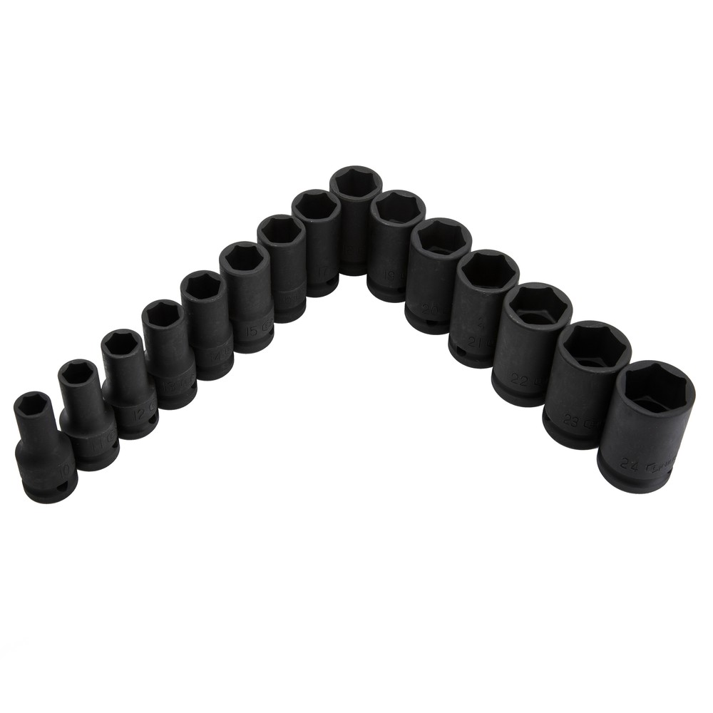 Genius Tools 15 Piece 1/2" Dr. Metric Semi-Deep Thin Wall Impact Socket Set (...