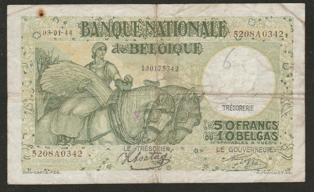 1944 BELGIUM 50 FRANC NOTE