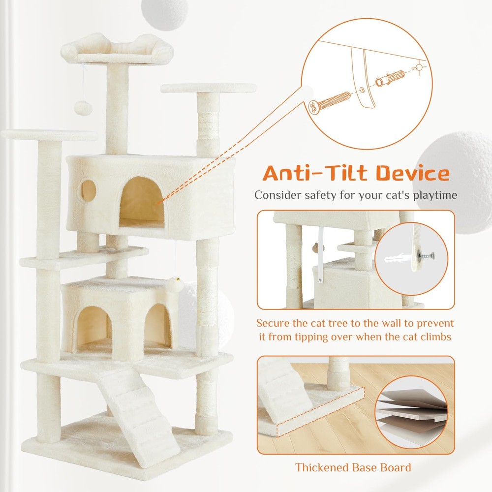 Beige 54-Inch Multi-Level Cat Tree Tower - Indoor Cat Activity Hub