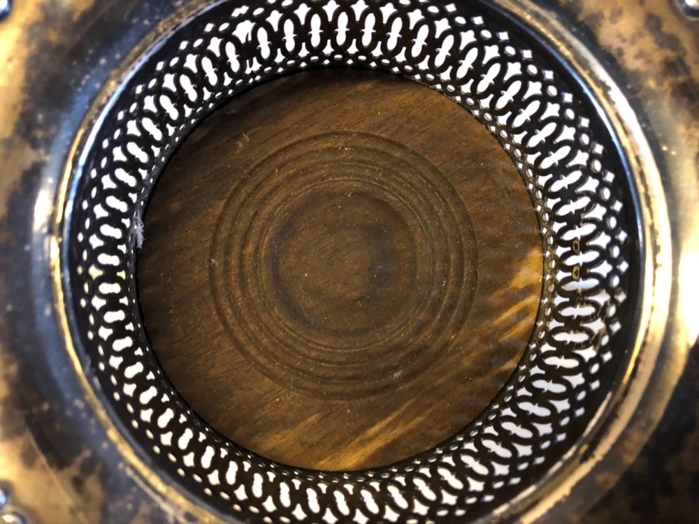 Vintage Possibly Antique Silverplate Wine Coaster w/ Wooden Base & Grapevine Dec