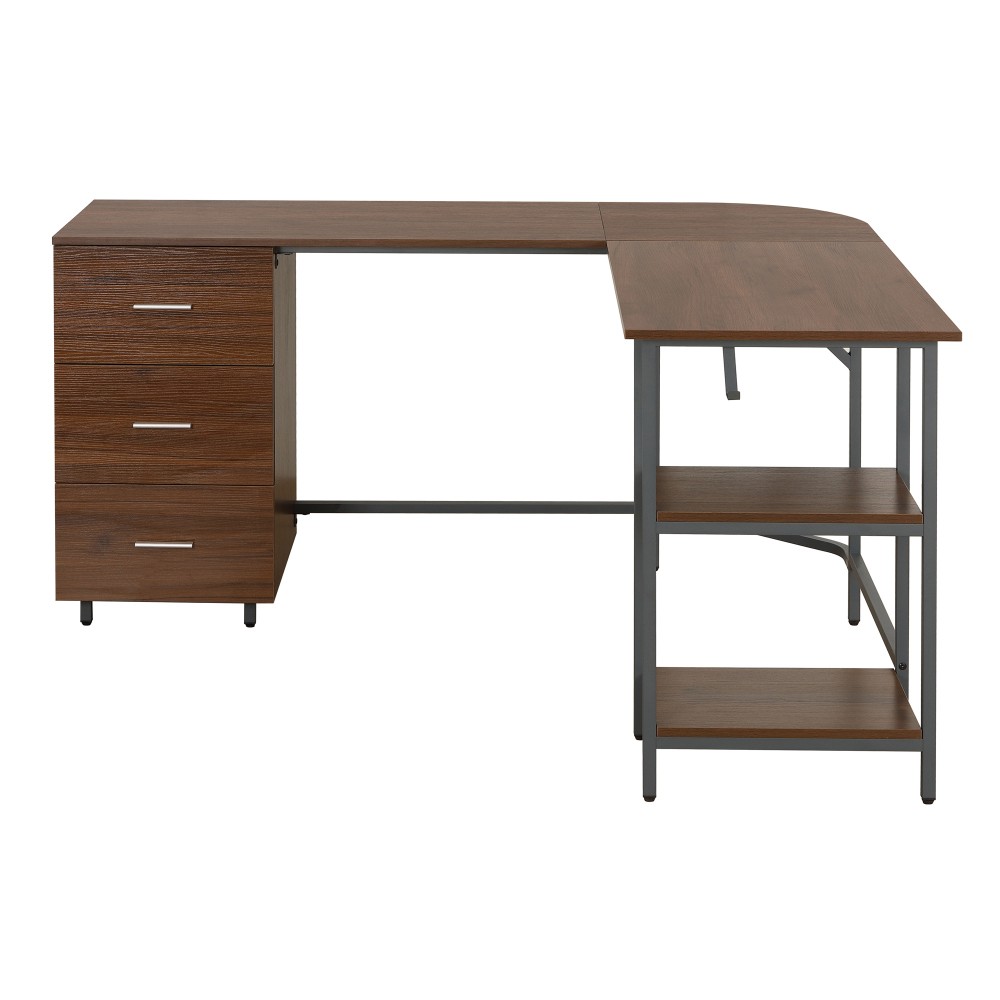 Rustic L-Desk - Engineered Walnut Top - Storage Drawers & Adjustable Shelves