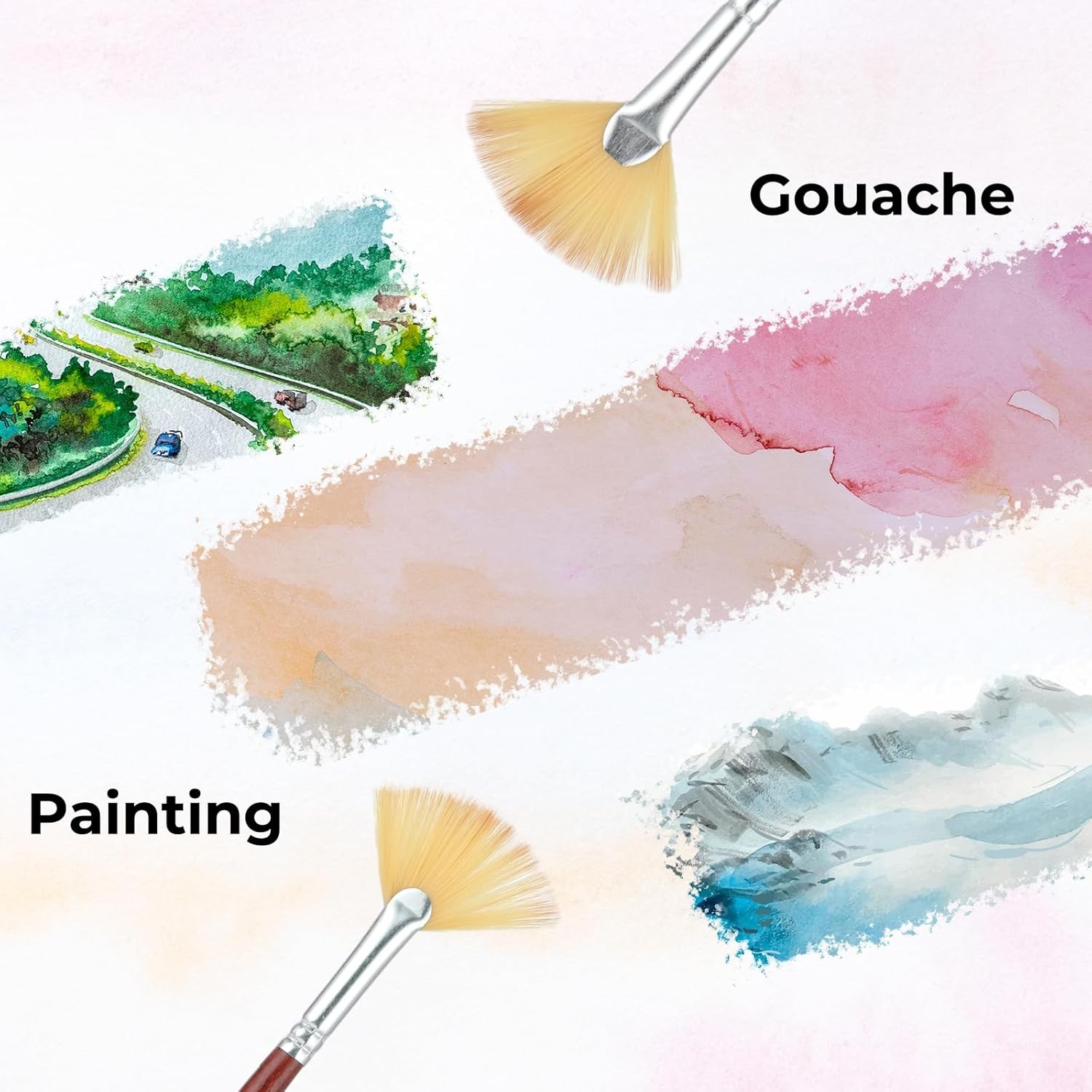 6-Piece Fan Brush Set for Acrylic Watercolor Oil Painting with Wood Handle