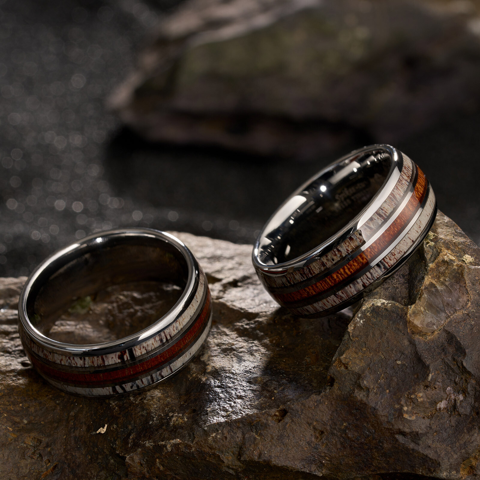 10mm Silver Tungsten Ring Men Wedding Band ATOP Jewelry & Deer Antler Koa Wood