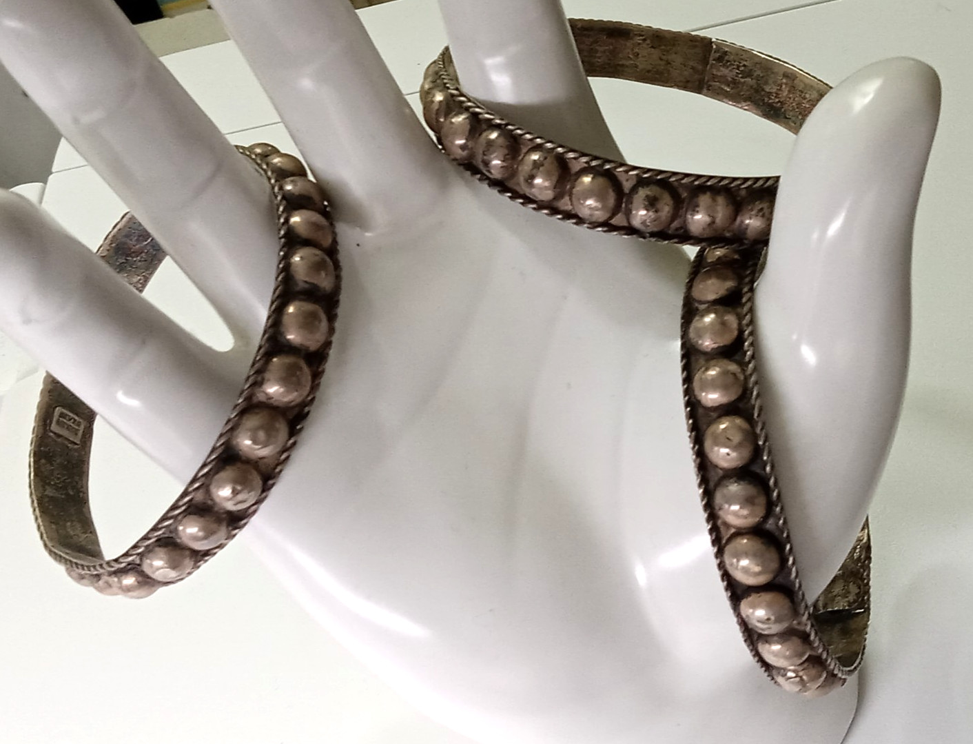 *LOT 3 ANTIQUE VINTAGE STERLING SILVER DOME BANGLE BRACELETS HANDMADE MEXICO 57g