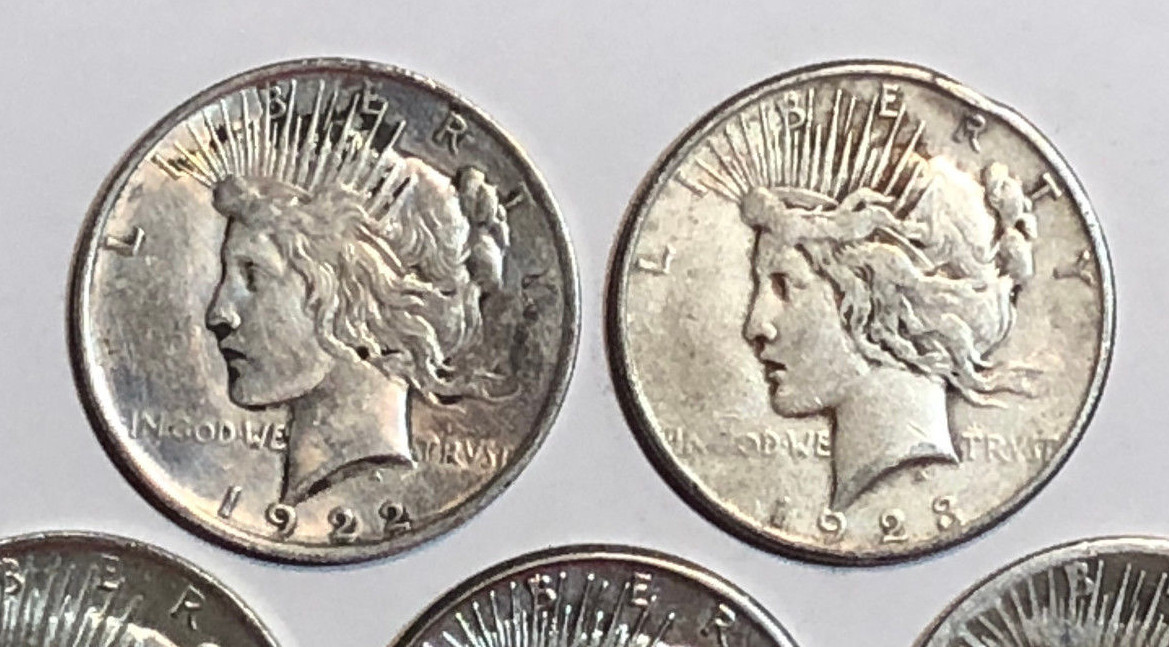 Lot of 5 Cull 1922-1935 US $1 Silver Peace Dollars, Mixed Dates & Mint Marks