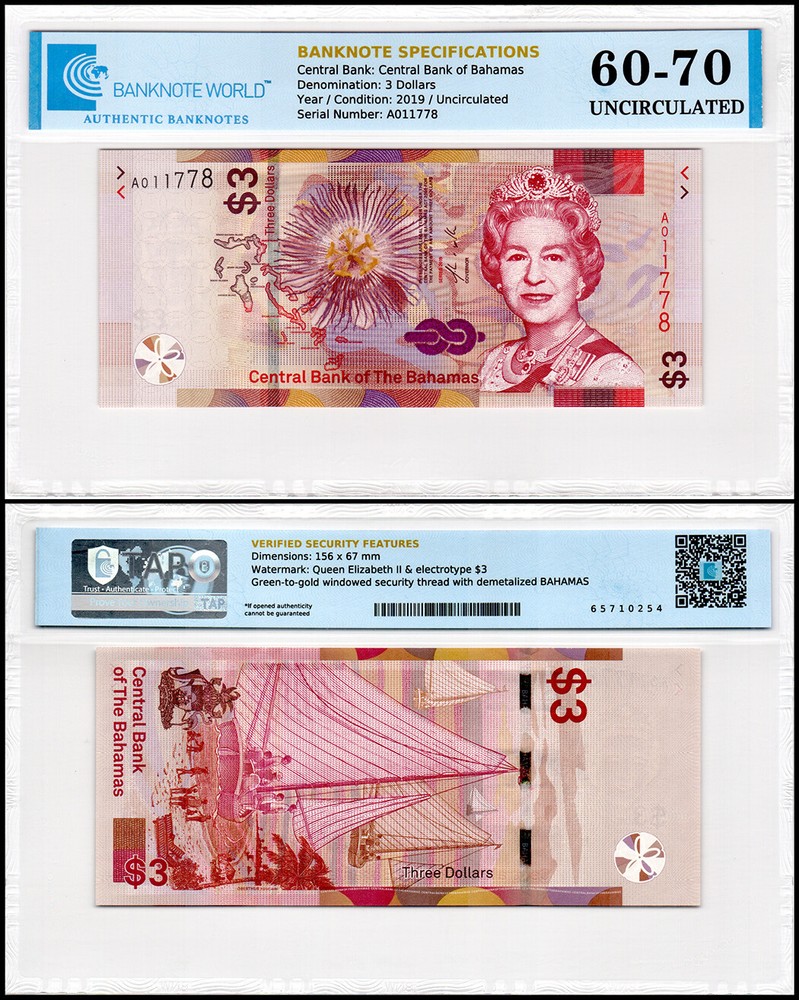 Bahamas 3 Dollars, 2019, P-78, UNC, Authenticated Banknote