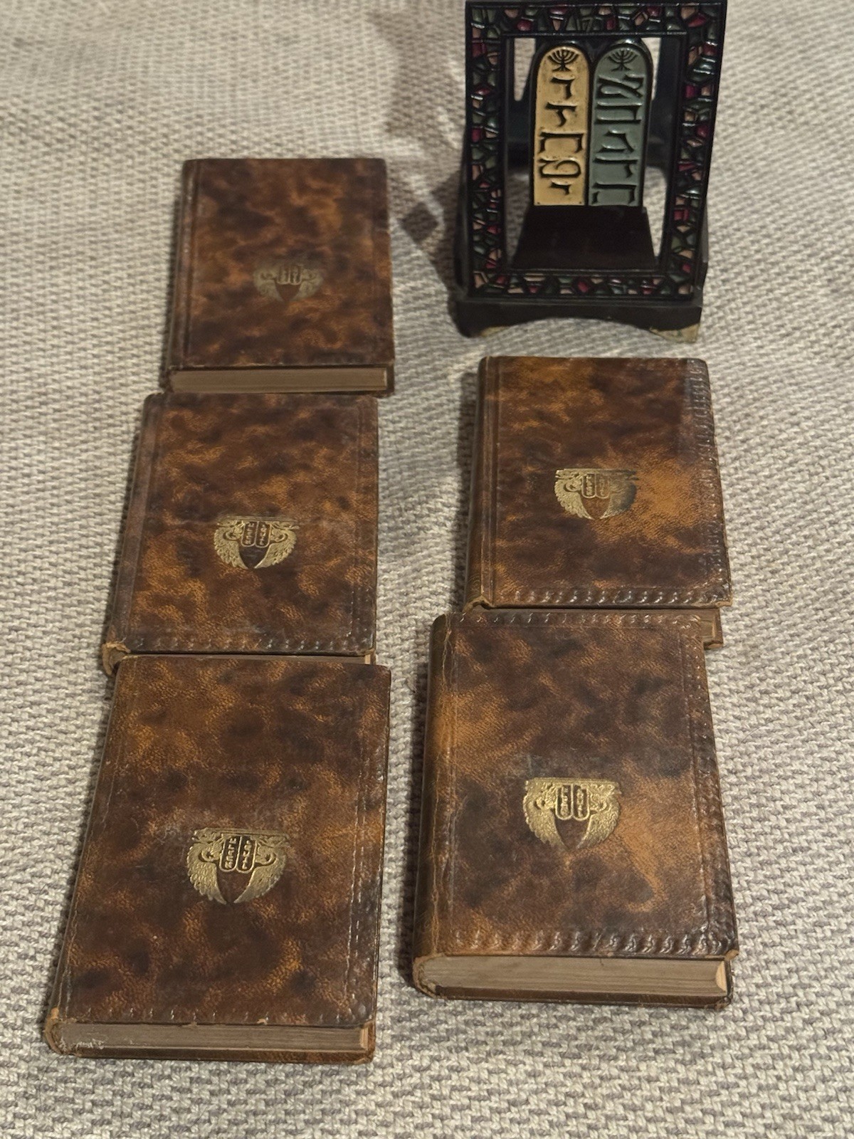 Vintage 5 Leather Bound Books of Moses (TorahSet) Hebrew with Metal Book Holder