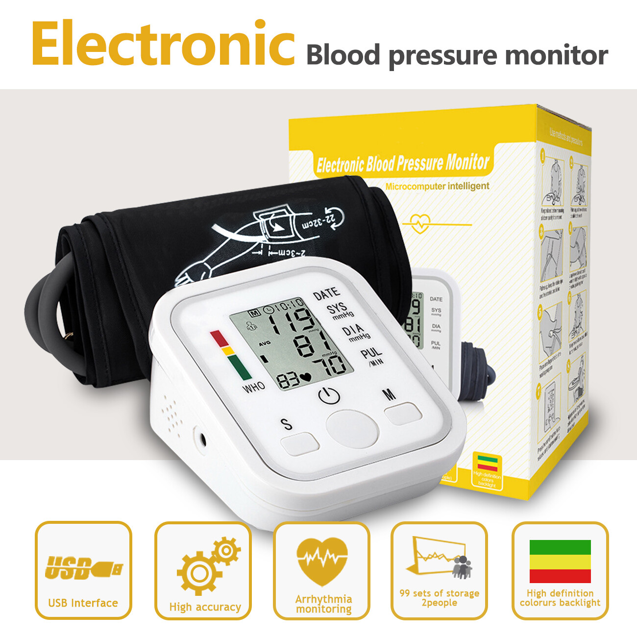 Digital Blood Pressure Monitor Automatic Pulse Meter BP Machine Voice Talking