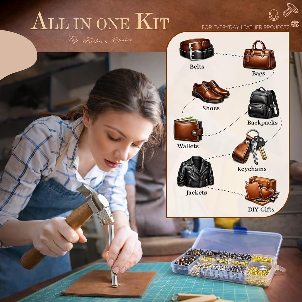 Leather Rivets Kit - 240 Double Cap Brass Sets with Tools & Storage Box