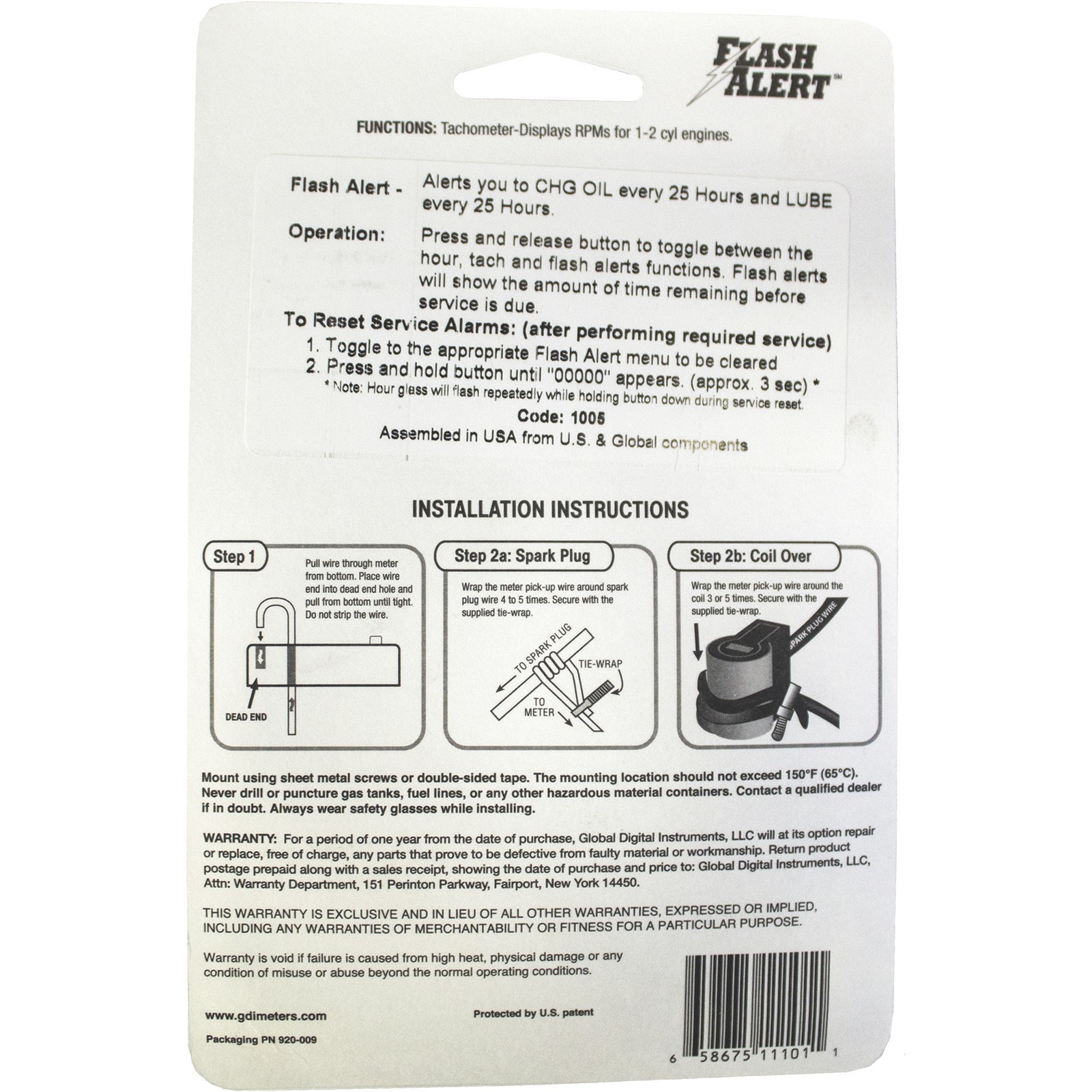 GDI, HOUR METER W/TACHOMETER, Model# N111-0100-1005