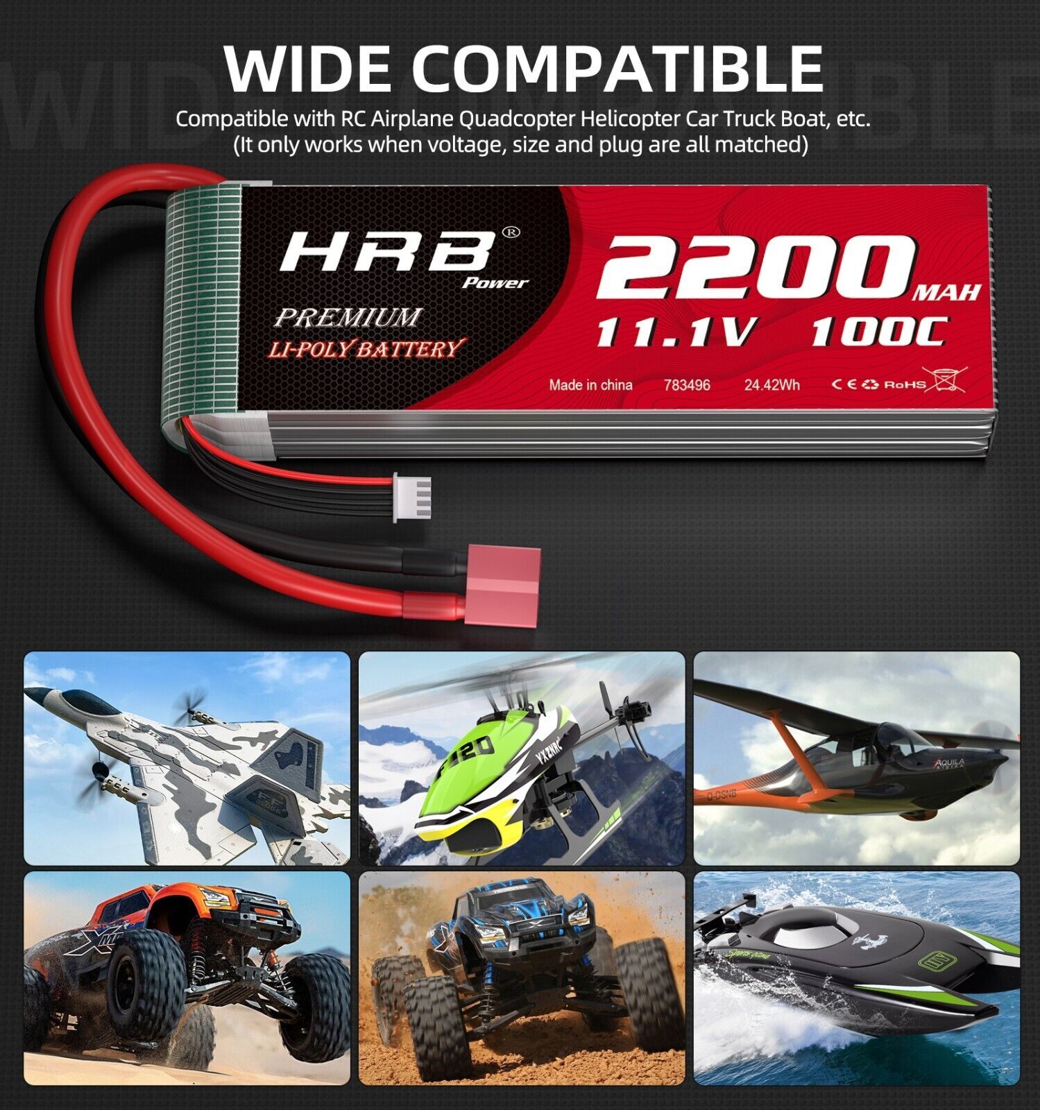 2x HRB 2200mAh 3S 11.1V 100C Lipo Battery Deans for RC Car Turck Racing Boat FPV