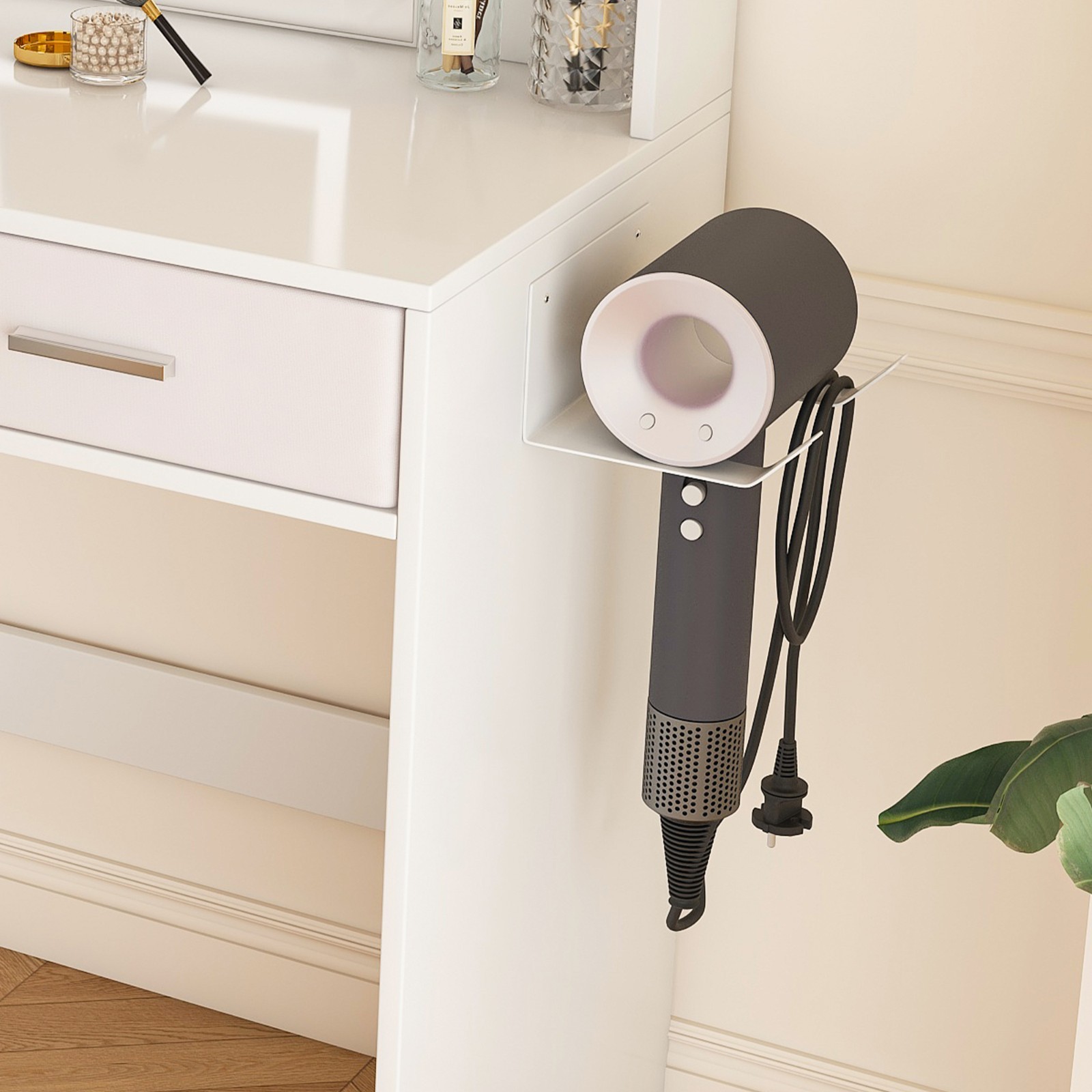 LED Mirror Vanity Dressing Table w/ Lights, 2 Large Drawers & Hair Dryer Stand