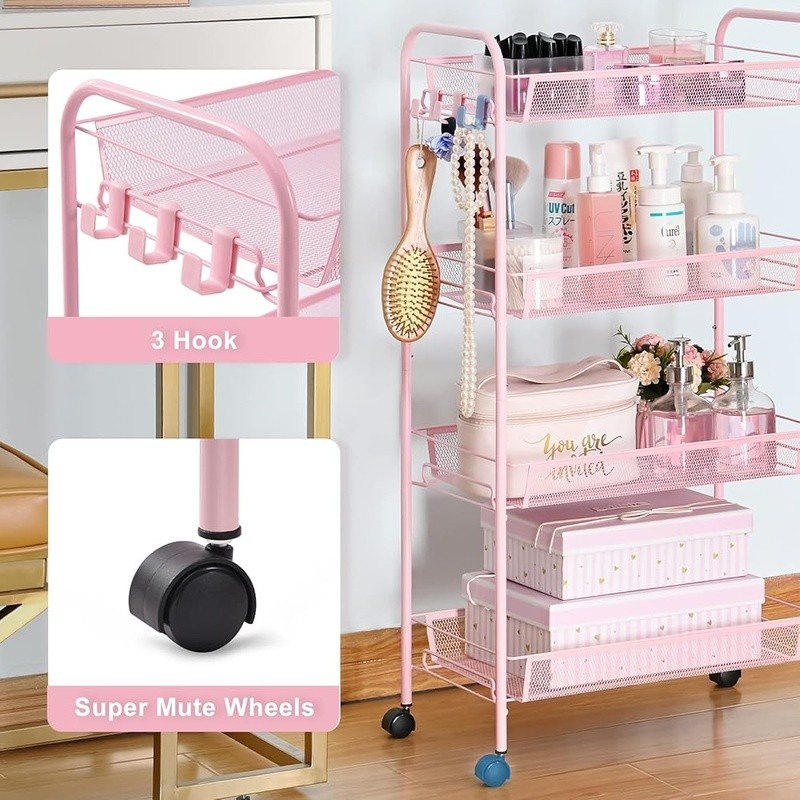 Rolling Storage Cart W/ Mesh Baskets Hooks Quiet Wheels Multi-Function Organizer