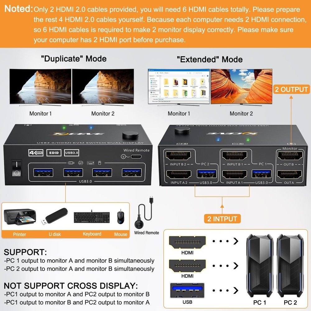 KVM Switch 2 Computer 2 Monitors HDMI USB 3.0 4K@60Hz HD Res w/ EDID Function