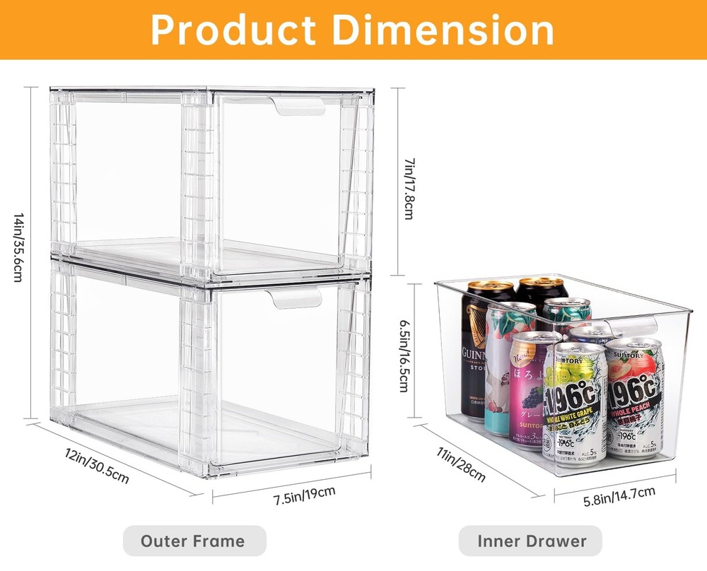 4Pack Large Stackable Kitchen Storage Drawers, Clear Foods Organizer Bins wit...