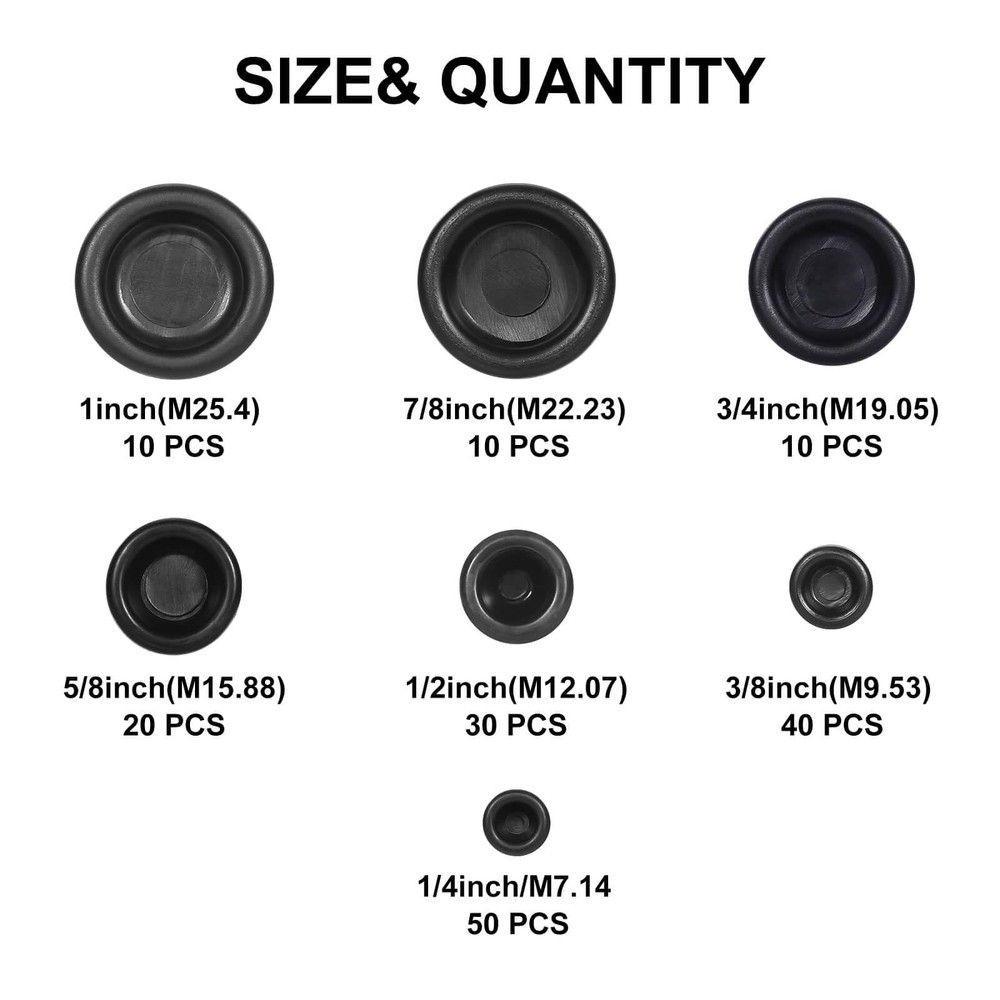 170PCS Rubber Grommet Kit - Closed Plug, Electrical Wire Black