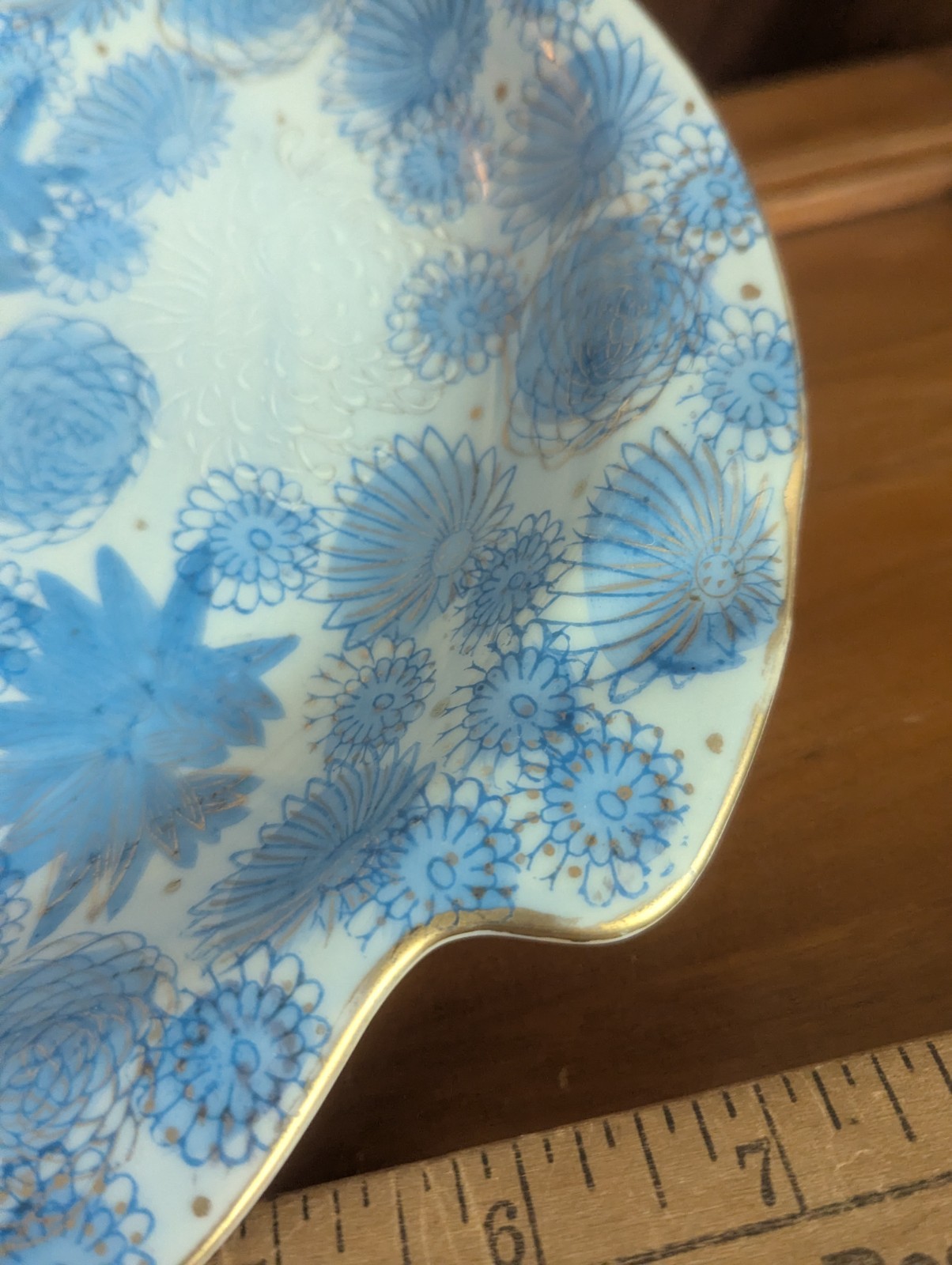 Vtg Kutani Gold Chrysanthemum Flower Japan Blue Trinket Dish Ashtray MCM Art