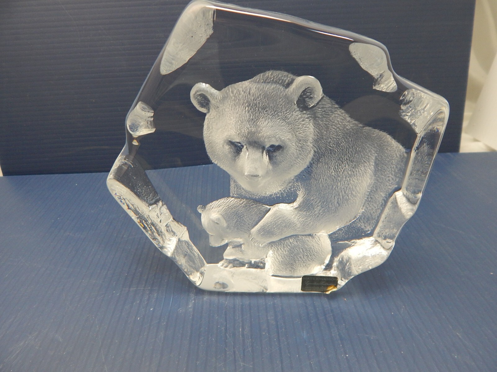 MATS JONASSON LEAD CRYSTAL SCULPTURE, BEAR AND CUB, RARE ONE, SIGNED