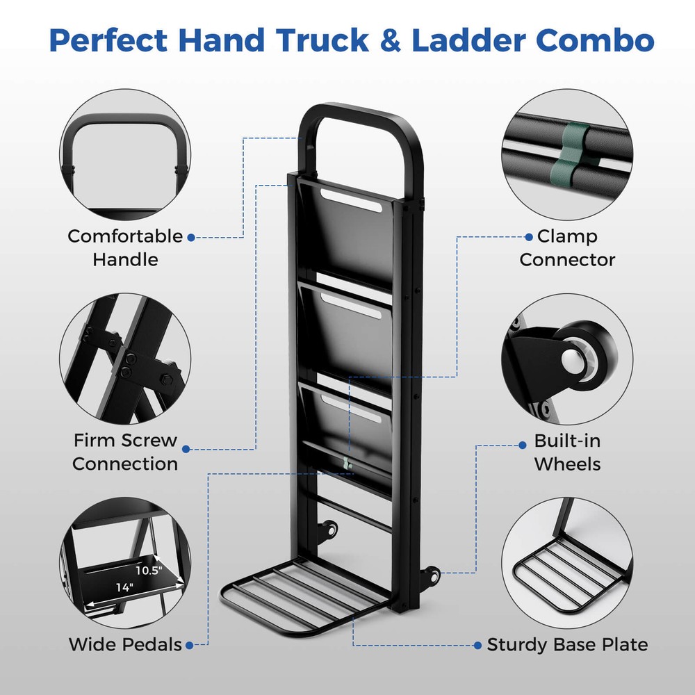 Multi-functional Dolly Cart Ladder 3-Step Ladder w/ Rubber Wheels, Handle