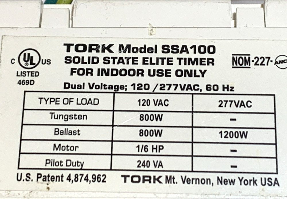 TORK SSA100 In Wall Programmable Electronic Countdown Timer for lights or Motors
