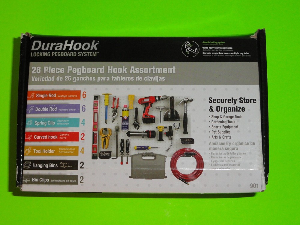 26 PC Kit DuraHook Locking Pegboard System Hook & Bin Wall Storage Organizer NEW