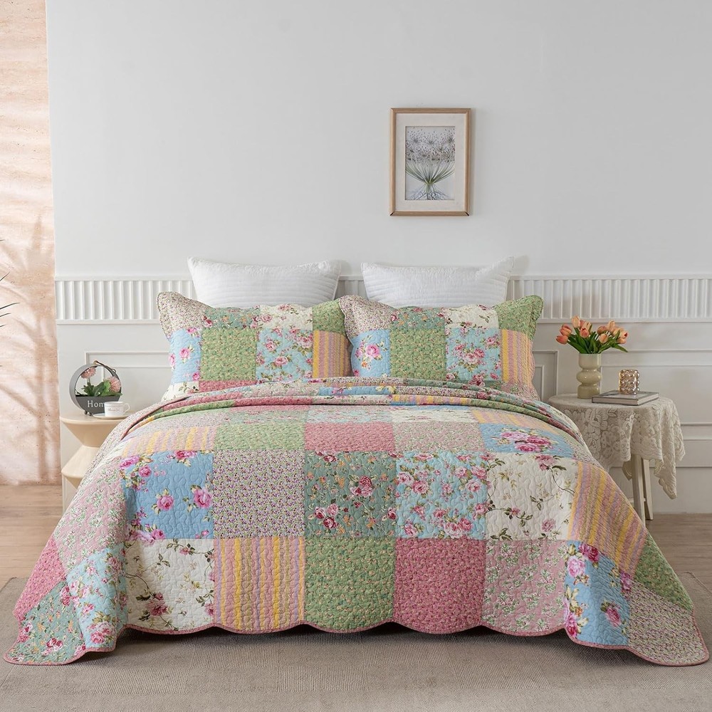 Oversized Queen Quilt Set Patchwork Bedspread 110x118 Inch 100% Cotton
