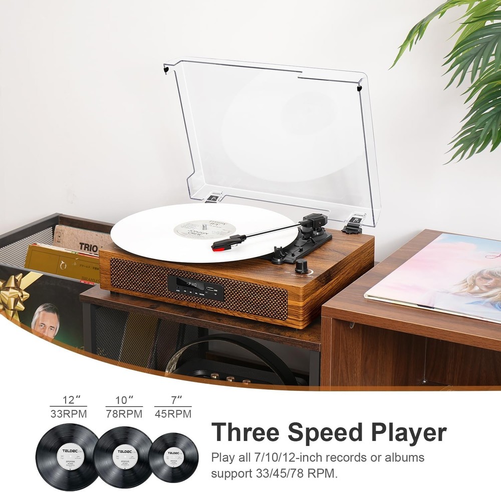 Bluetooth Record Player - 3 Speed Turntable with Built-In Speaker USB Recording