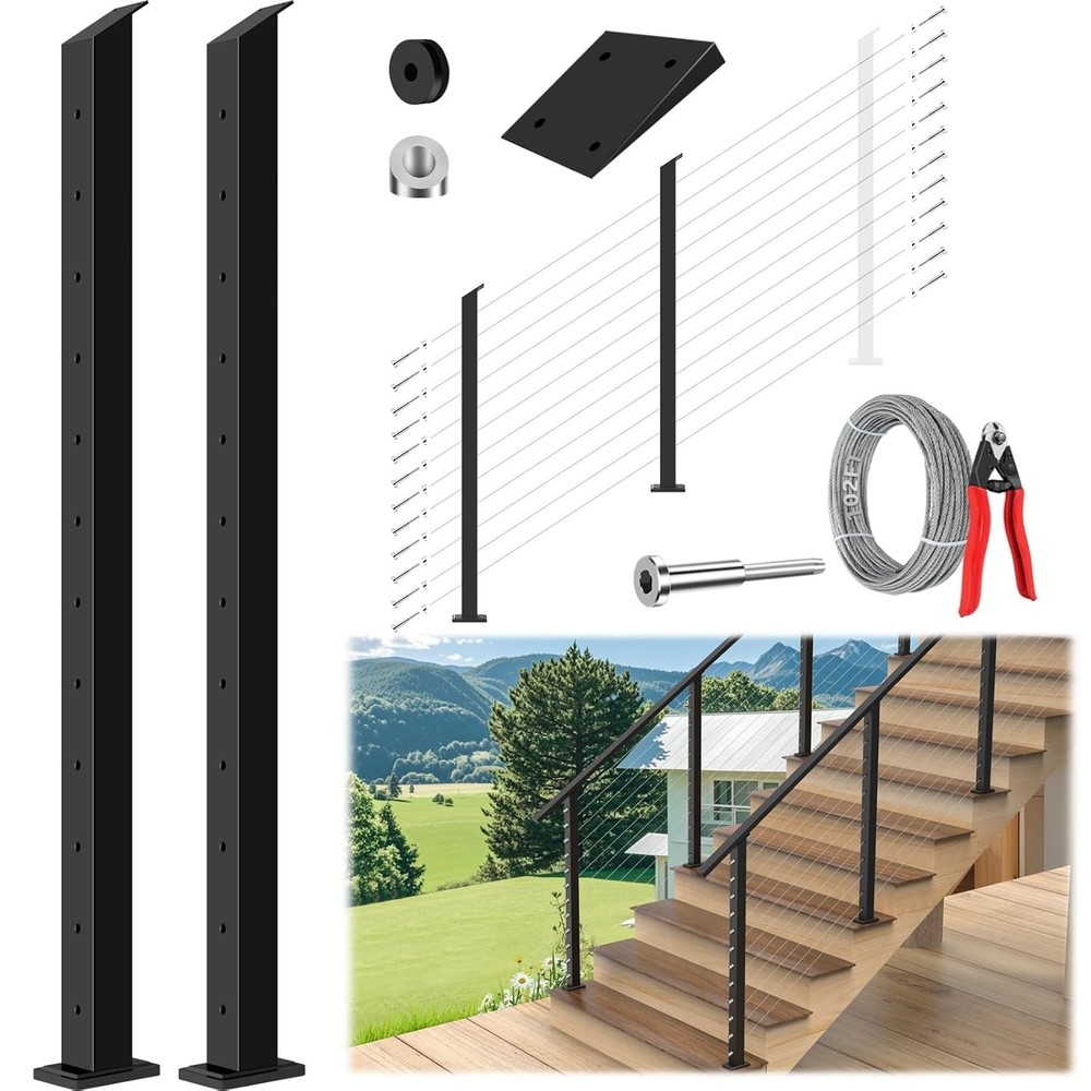 New 2 Pack  42" Complete Set Stair Cable Railing Post Kit 33° Drilled Fast Ship