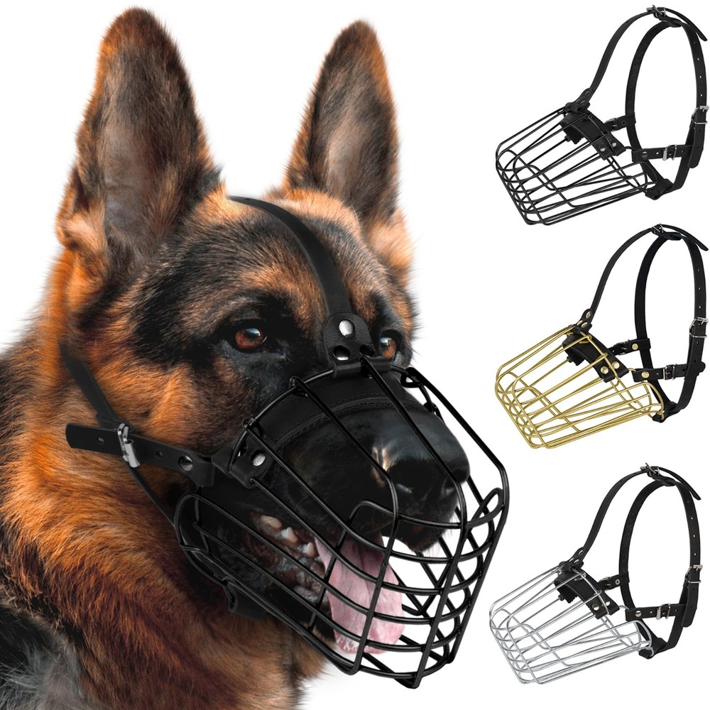Adjustable Metal Basket Muzzle for Medium Large Dogs - Durable Leather Straps, S