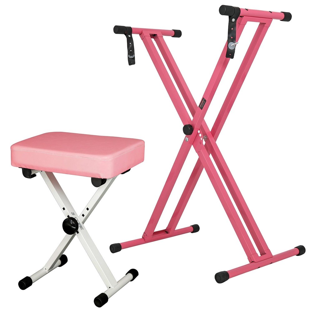 Double X Keyboard Stand w Padded Piano Bench Adjustable Pink
