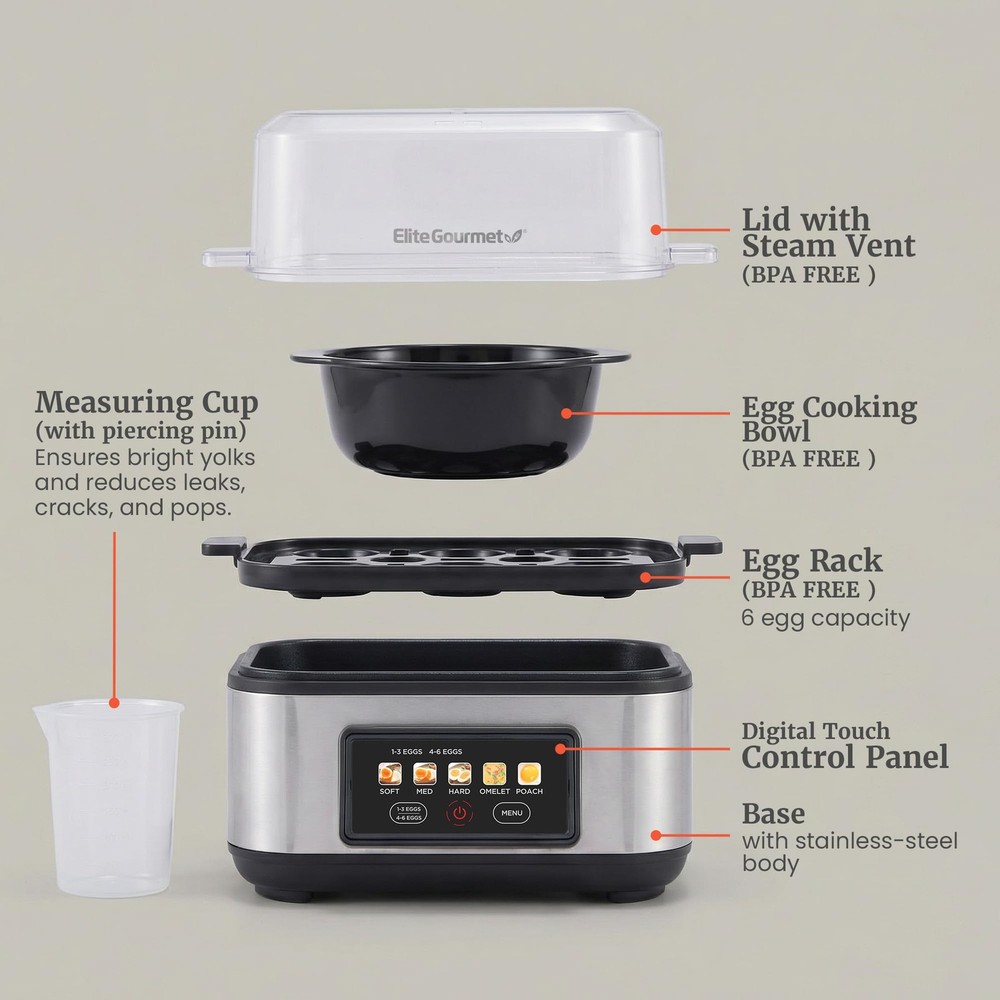 Digital Egg Cooker, 6 Egg Capacity, Soft/Medium/Hard Boiled, Poach & Omelet, ...