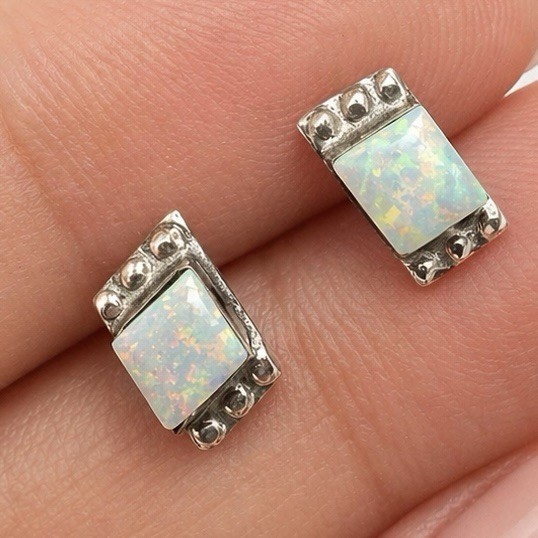 925 Sterling Silver Opal Inlay Stud Earrings Rectangular Artisan Vintage READ