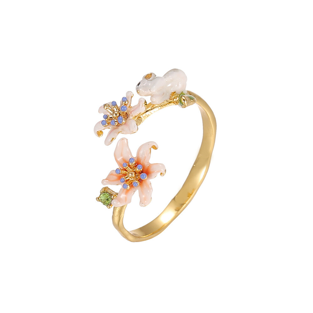 Original Design Enamel Flower Rabbit Bunny Ring Size Adjustable